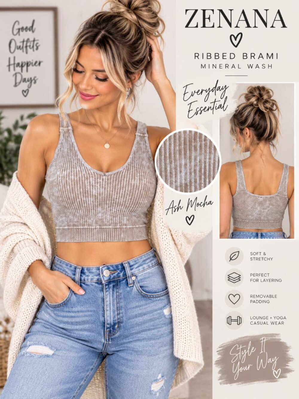 Zenana Ash Mocha Mineral Wash Ribbed V-Neck Brami Removable Pads Crop Top S/M